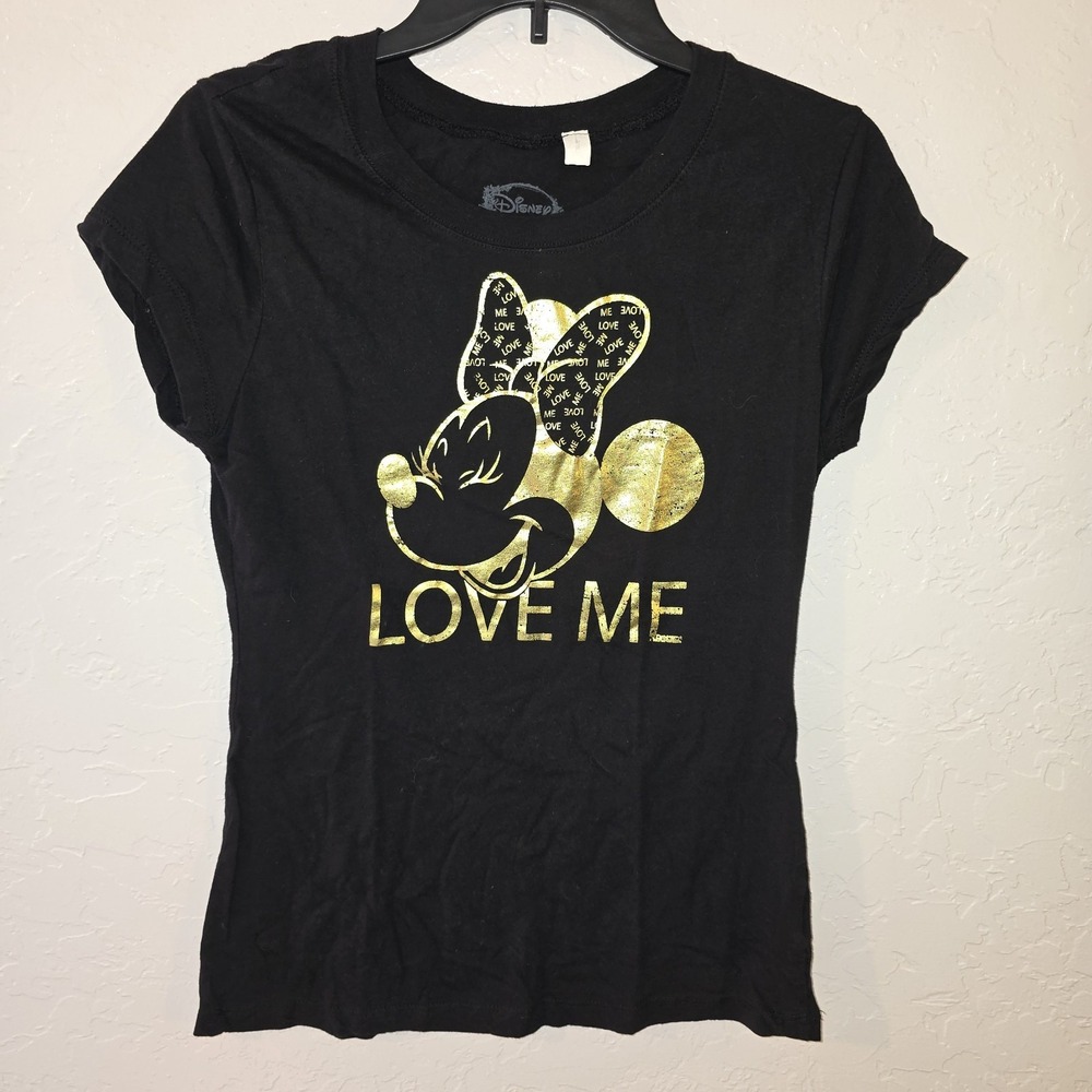 Disney Store Minnie Mouse Gold Metallic T-Shirt Love Me Bow Women's Sz L